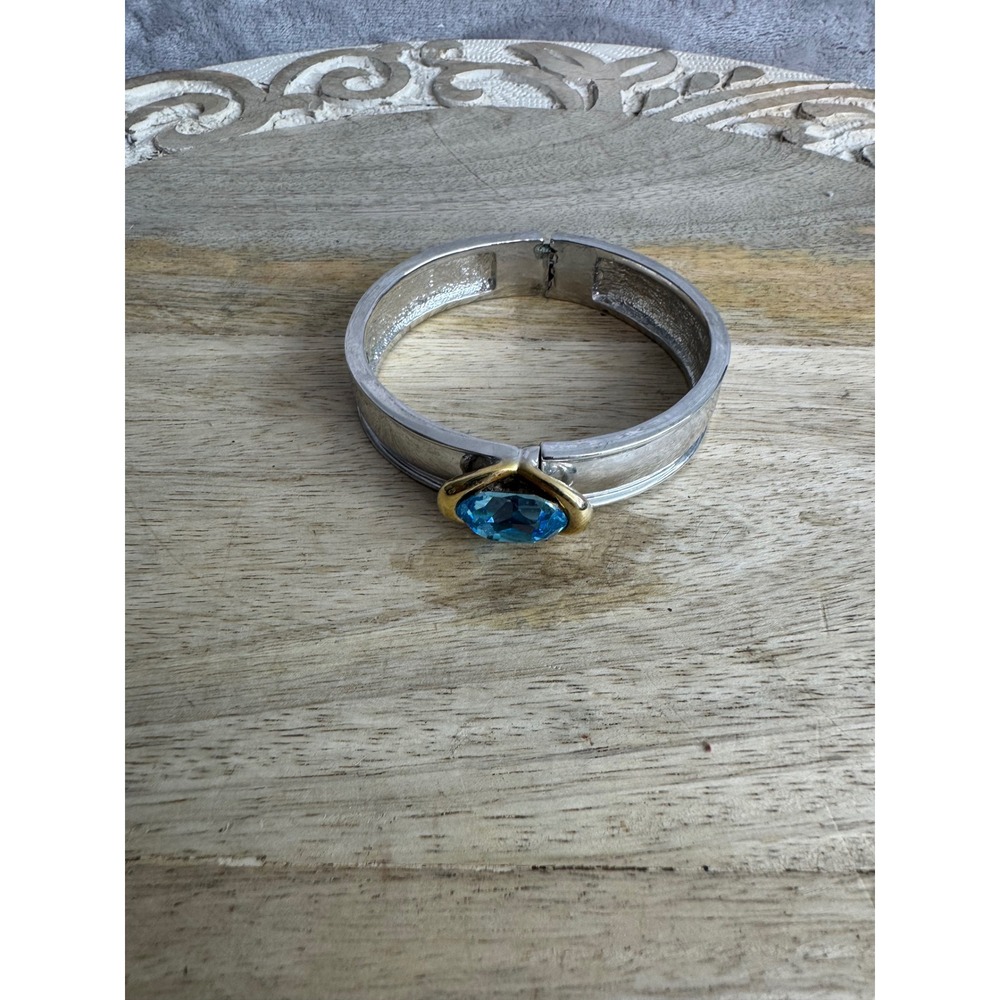 Vintage Silver Gold‎ Two Tone Blue Topaz Crystal Hinged Magnetic Bangle Bracelet